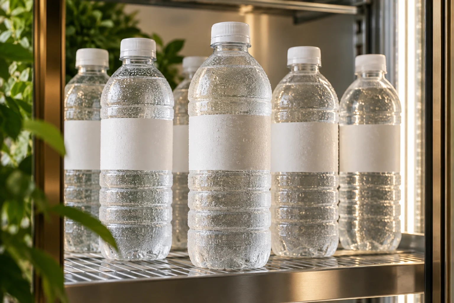 Clear water bottles with neutral labels in a chilled display