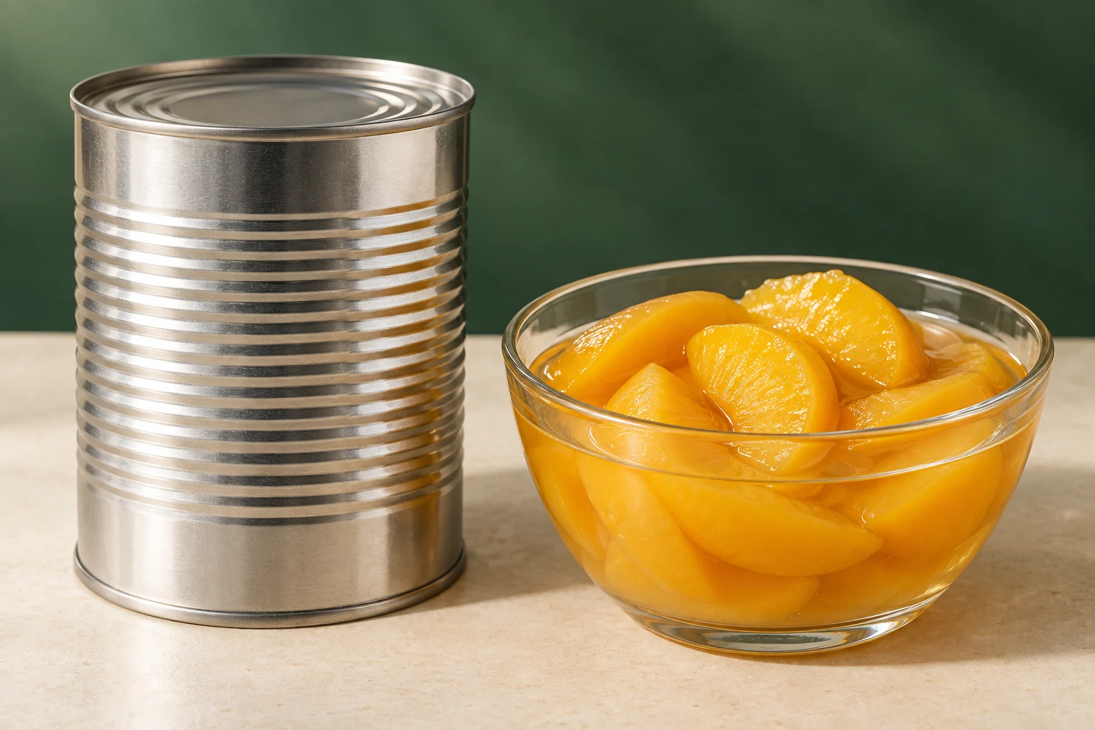 Plain canned peaches with sliced fruit in a clear bowl