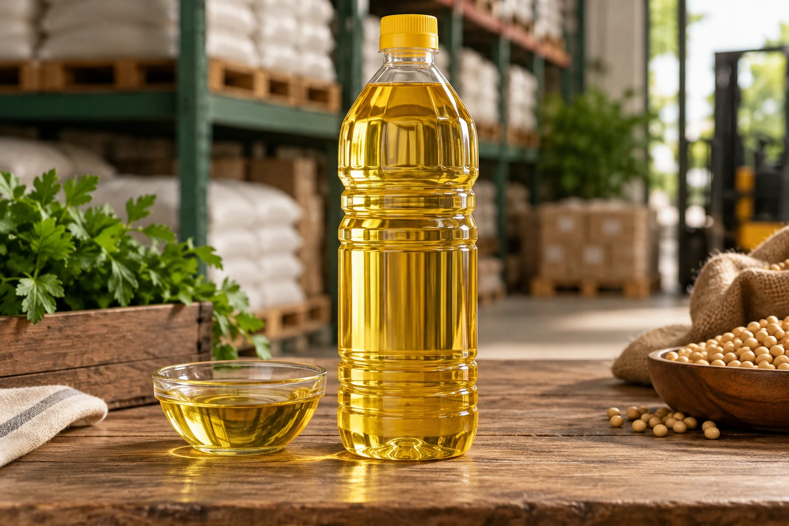 Clear bottle of golden vegetable cooking oil with neutral labeling