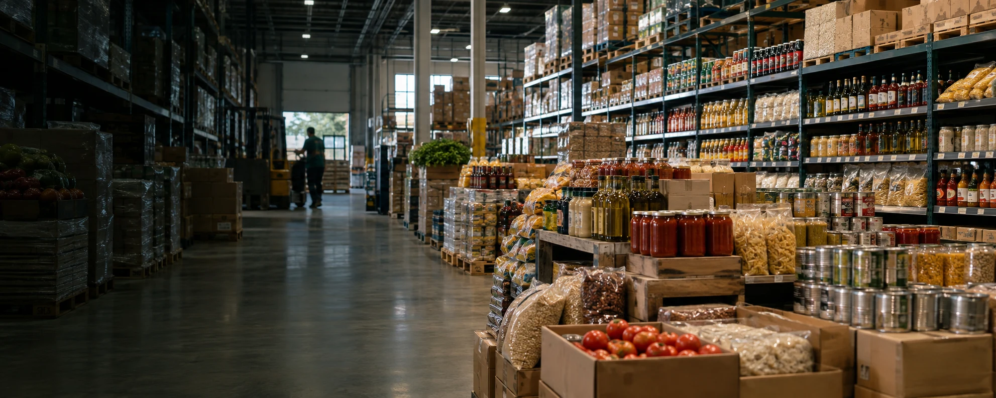 Modern food warehouse with a diverse selection of packaged everyday food products in the foreground