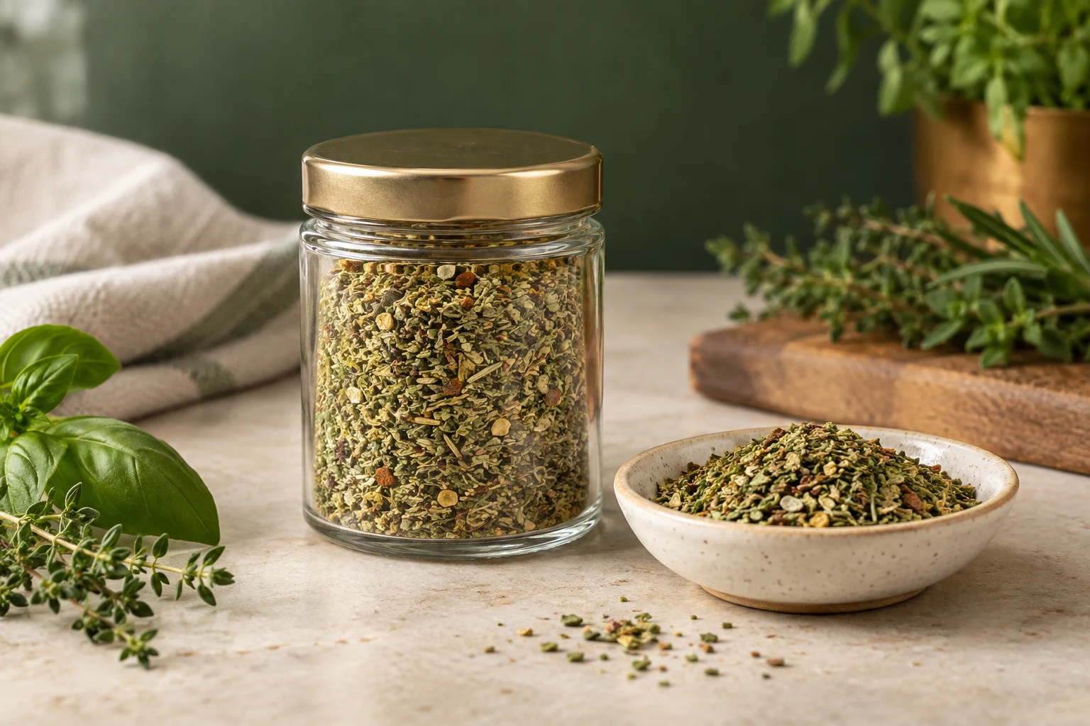 Dried herb seasoning in a neutral jar beside a small dish