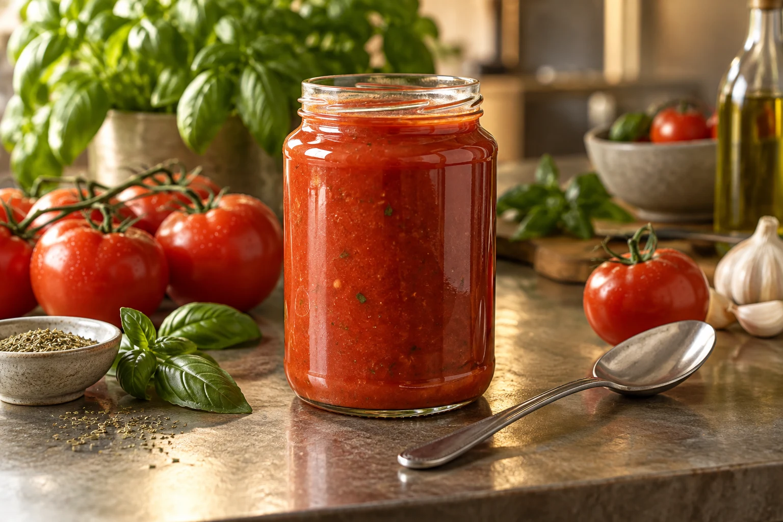 Tomato cooking sauce in a plain glass jar with fresh tomatoes