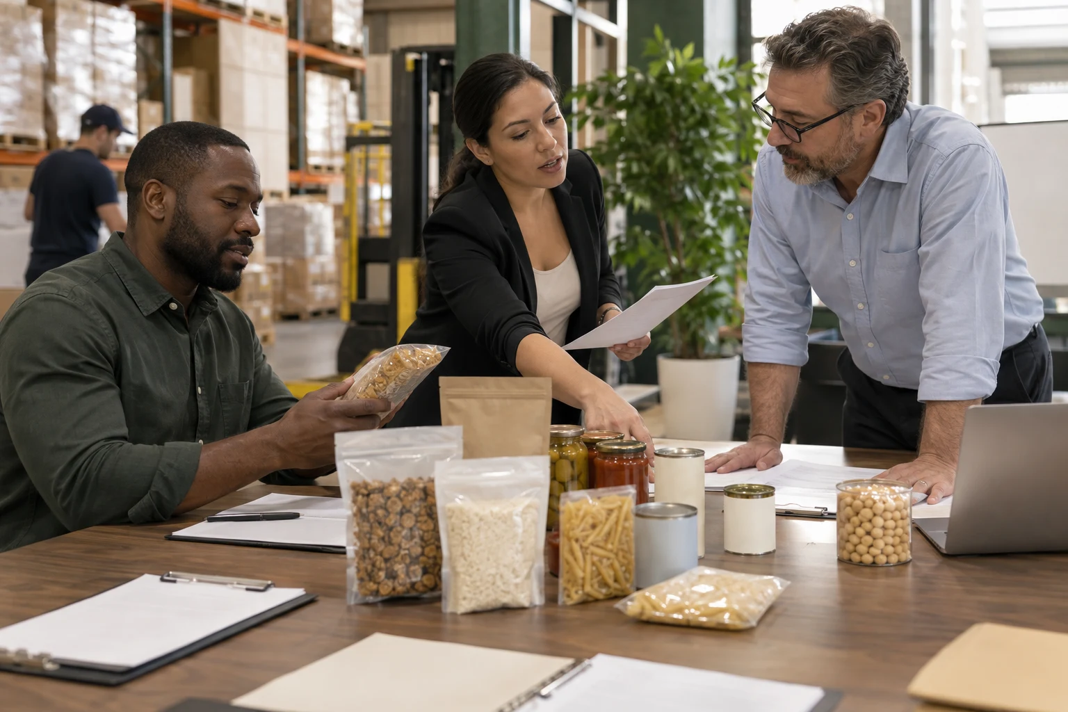 Food business professionals reviewing food product sourcing requirements