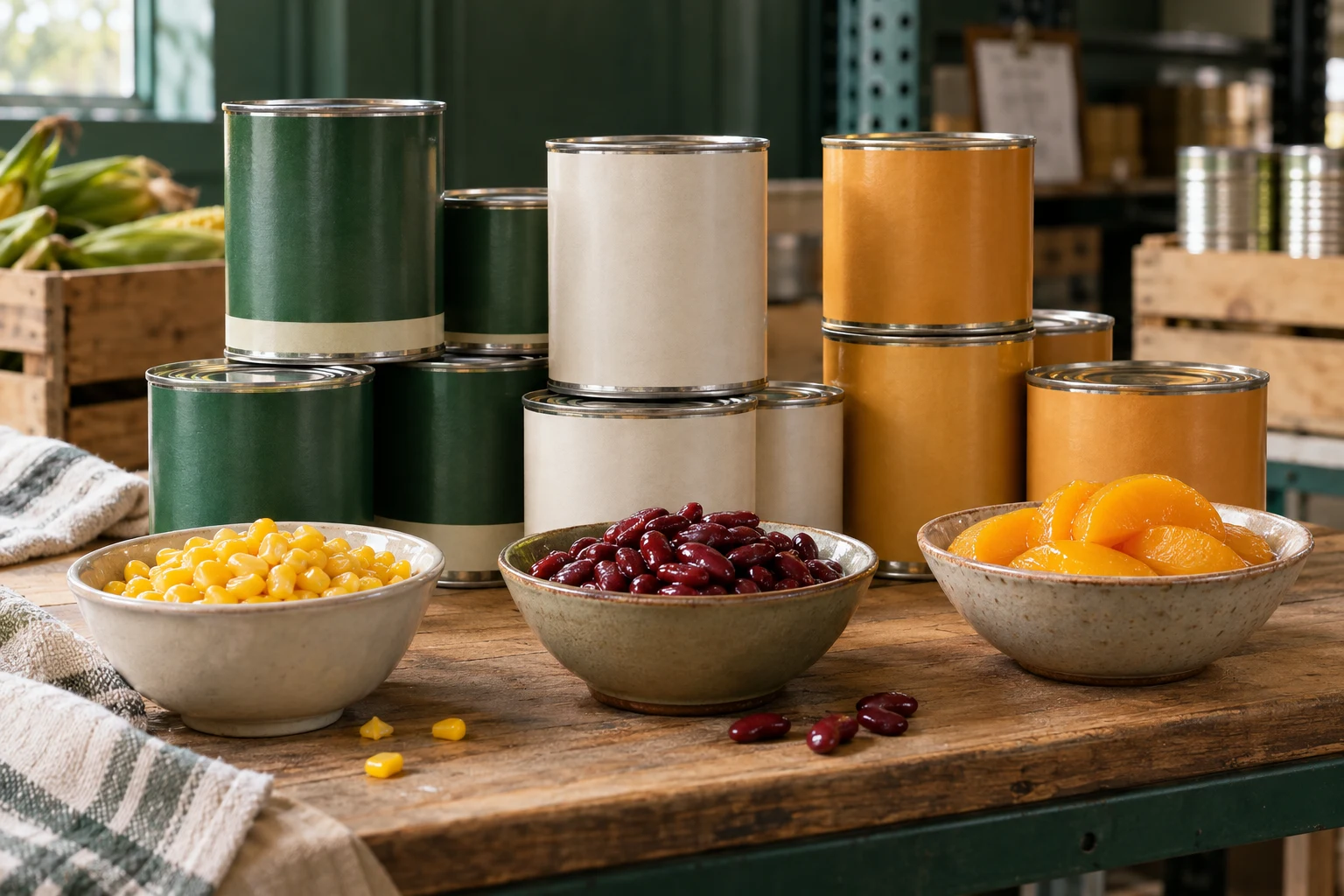 Unbranded canned vegetables and pantry foods arranged on a supply table