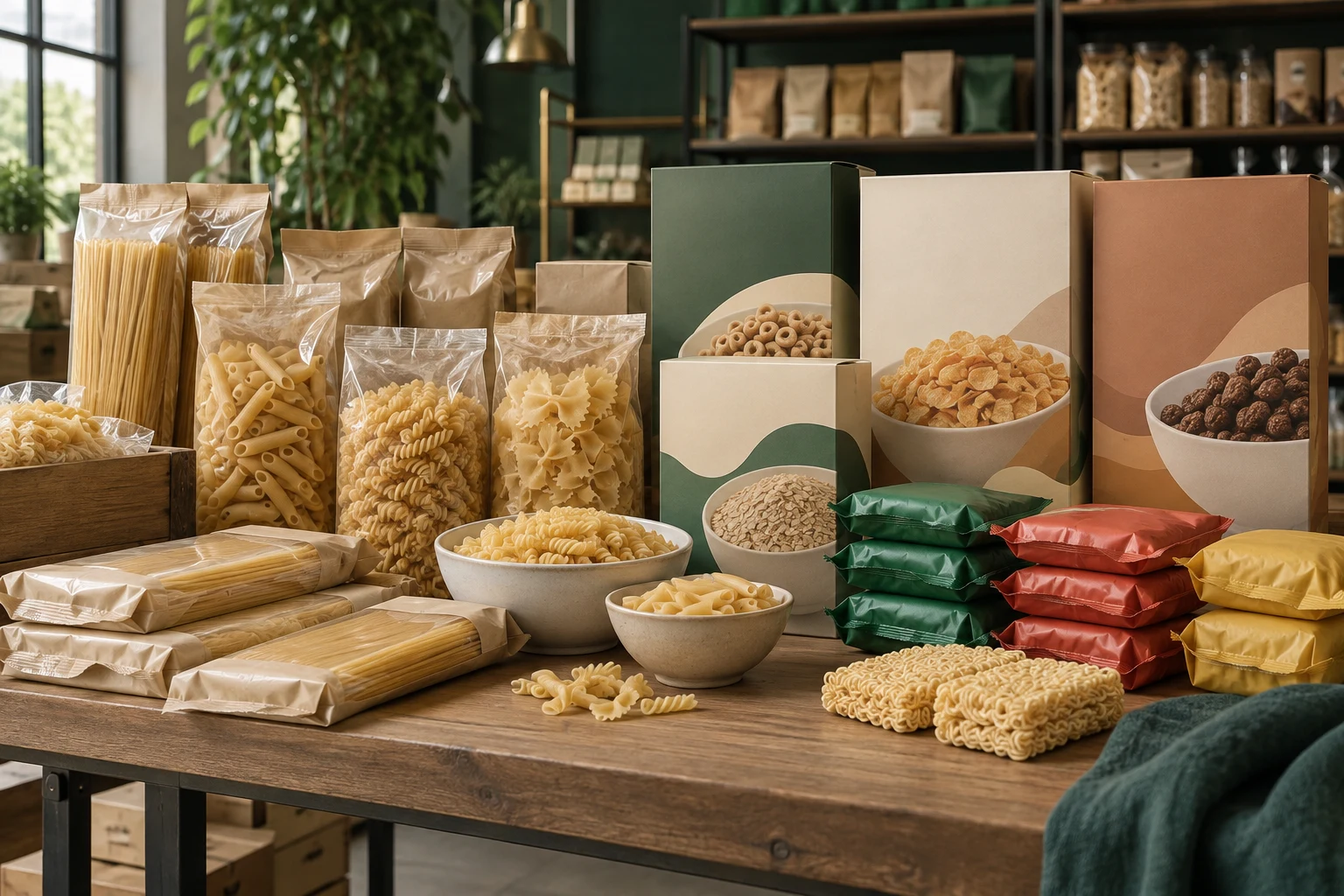 Packaged pantry foods arranged on a grocery merchandising table